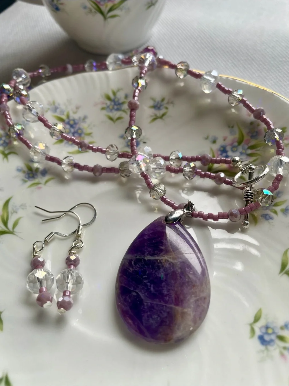 Purple Amethyst Teardrop Pendant Necklace with Pink Beaded Accents
